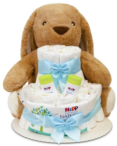 MilaBoo® Windeltorte blau mit kuscheligen großen Hasen I hochwertiges Neugeborenen Geschenk mit Windeln und Produkten