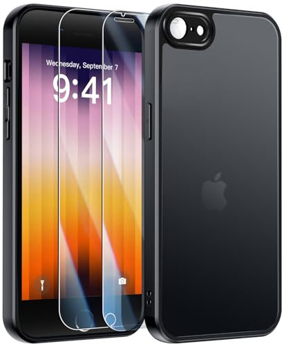 FLLAO Opaca Cover Compatibile con iPhone SE 2022/2020/7/8 con 2 Vetro Temperato, [Della Fotocamera Protezione] Antiurto Anti-Graffio Hard PC Glassata Traslucida Custodia Compatibile con iPhone SE Nero