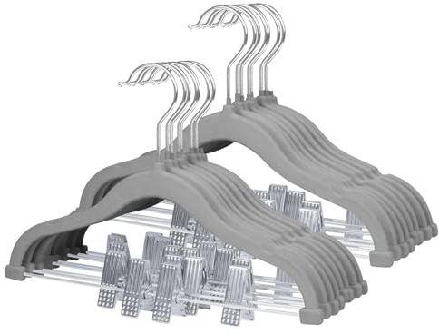 MangoKit 30cm Baby Kleiderbügel mit Verstellbaren Klammern, 16 Stück Hosenbügel, Samt Kinder Kleiderbügel, Ultradünne Platzsparende Kinderkleiderbügel für Hemden, Hosen, Kleider, Röcke, Jacken(Grau)