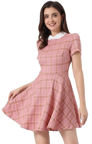 Allegra K Plaids Contraste Manches Bouffantes Au-Dessus du Genou Robe pour Femmes Rose S