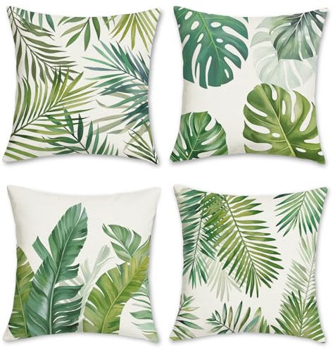 Bonhause Fundas Cojines Hojas Tropicales 45 x 45 cm Funda de Almohada Hojas de Palma Verde Poliéster Lino Cojines Decorativos para Sofá Hogar Jardín Exterior Verano Juego de 4