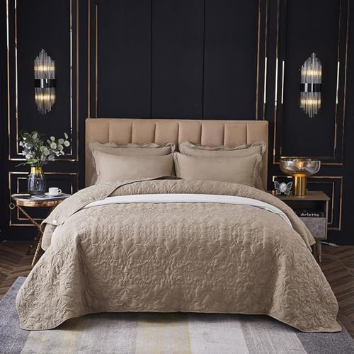 OKYUK 3-teiliges Queen-Bettwäsche-Set, gesteppte Tagesdecke, übergroße Mikrofaser, leichtes Bettbezug-Set mit Kissenbezügen, wendbar, bedruckt, für alle Jahreszeiten, 220 x 240 cm (helles Kamel, 220 x