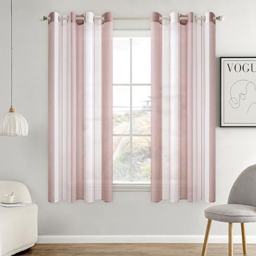 MIULEE Rideaux Voilage à Rayures Blancs et Rose Foncé, Voilages Intérieurs avec Oeillets, Beaux Voile Rideau Voilage Fenetre Chambre, Lot de 2 Transparent Rideaux Salon Hauteur 160 CM Voilage Court