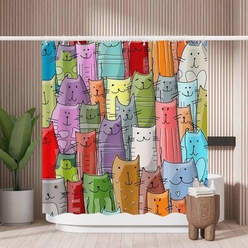 Woutay Shower Curtain Mould Proof Resistant Funny Cats Family,Water Repellant Fabric,Polyester,with 12 Plastic Hooks