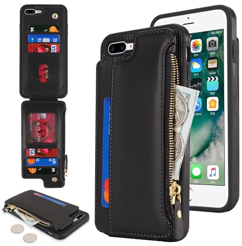 SailorTech for iPhone 7 Plus Phone Case with Credit Card Holder for Men, iPhone 8 Plus Case with Credit Card Slots Wallet Zipper Case for Women - Black