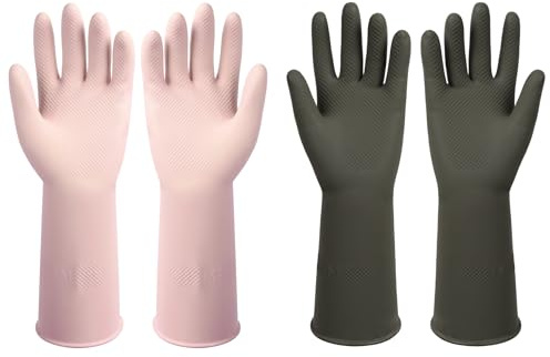 ZUIMER Rubber Dishwashing Gloves Reusable Kitchen Gloves 2 Pairs Long Lasting Non-Slip Dishwashing Cleaning Gloves (Purple and Grey, M)