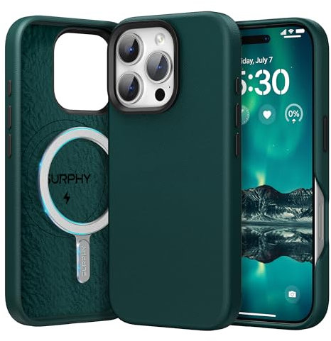SURPHY Leather Case for iPhone 16 Pro Case, Premium Faux Leather Compatible with Mag-Safe [Metallic Buttons & Microfiber Lining] Cover for iPhone 16 Pro 6.3 inch, Forest Green