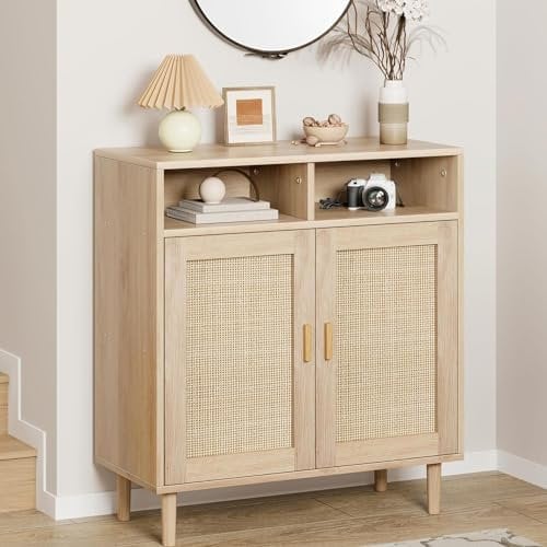 Litake Sideboard Rattan, 80x 92x 40 cm Anrichte mit 2 Offenem Fach & 2 Rattan Türen, Kommode Holz Buffetschrank Aufbewahrungsschrank Konsolentisch Kaffeebarschrank TV-Ständer,Natur