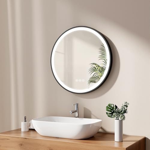EMKE Runder Badezimmerspiegel, 60 cm, runder Wandspiegel mit Licht, Touch-Schalter und Anti-Beschlag-Funktion, 3 Variable Lichtfarben, schwarzer Rahmen und Verstellbarer Gurt