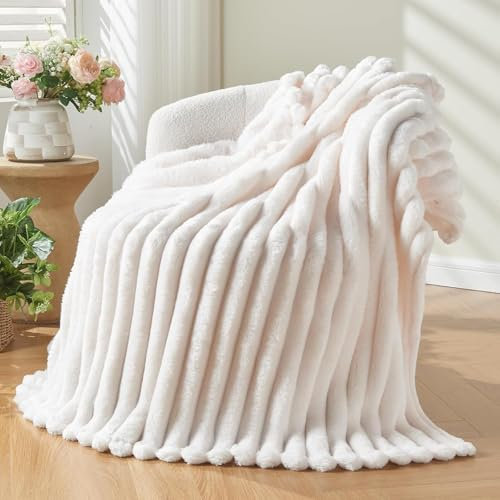 Wajade Couverture Plaid Polaire Super Chaude, Plaid Fausse Fourrure Haute Qualité,Couverture à Carreaux stéréoscopiques,white-127cmx153cm