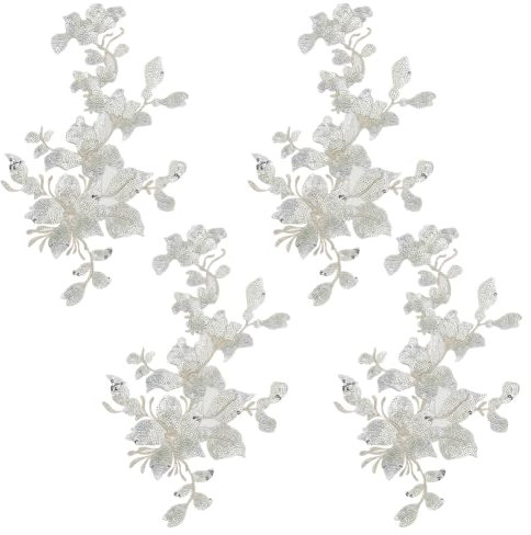 HOBBIESAY 4 Stück Stickerei Pailletten Spitzenapplikationen Silberne Blattblumen Aufnäher Polyester Dekorative Blumenapplikationen Kleider Nähdekorationen Für Stoff DIY Basteln