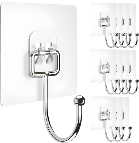 12 PCS Large Self Adhesive Hooks for Hanging Heavy Duty, Clear Waterproof Sticky Wall Hooks for Robe, Towel, Bathroom, Kitchen,Garage, Office, Outdoor
