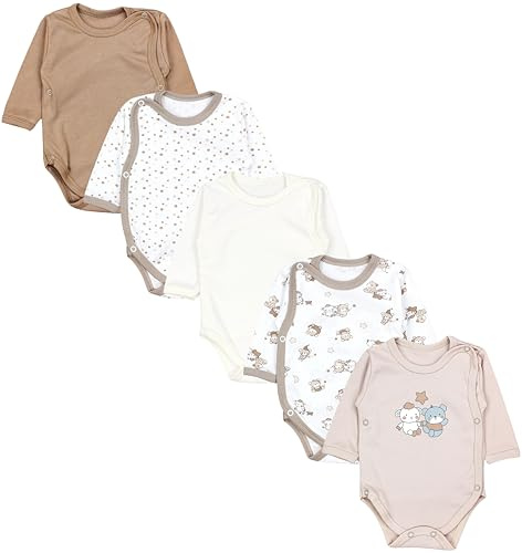 TupTam Baby Body Langarm – Wickelbody Langarm im 5er Pack aus Baumwolle für Mädchen und Jungen, Farbe: Bärchen Sterne Beige, Größe: 80
