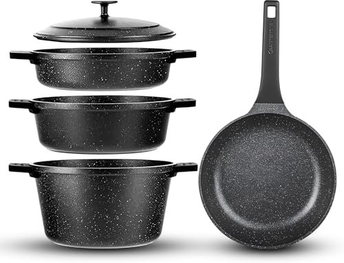 Granitestone Juego de 12 ollas y sartenes antiadherentes, juego de ollas para horno holandés con tapa + asas de silicona extraíbles, juegos de utensilios de cocina de inducción para cocina,