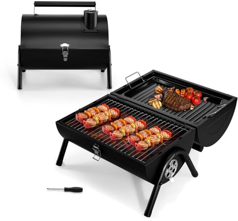 Leonyo Tragbarer Holzkohlegrill, kleiner Tischgrill mit Grillplatte und Rost zum Grillen und Braten, ideal für Outdoor-Kochen, Camping, Hinterhof-Picknicks, 243 m² und zweiseitiger Karbongrill