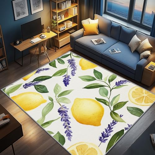 AevuCub Zitrone Deko, Obst Küche Teppich 80x150 Kurzflor, Kleiner Teppich Wohnzimmer Lavendel Blumen, Weich rutschfest Waschbare Teppiche, Bettvorleger Schlafzimmer Kinderzimmer