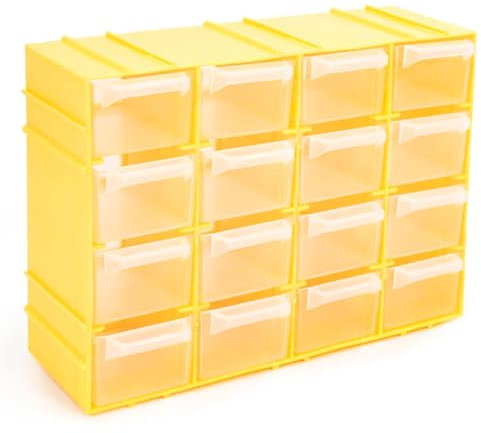 Tradineur - Clasificador apilable Modular HG, plástico, 16 Compartimentos, Almacenamiento de Herramientas, Tornillos y Accesorios, Fabricado en España (Amarillo - 15 x 22 x 8 cm)