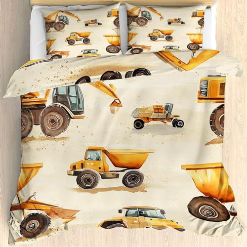 YZQGLHP Spielzeugauto Bettwäsche 135x200 Gelb, Wendebettwäsche & Zimmer Deko, Weiche Microfaser Bettbezug Set 2 Teilig, 2 Kissenbezug 80x80, mit Reißverschluss