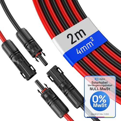 HB-DIGITAL 2m Solarkabel 4mm² Verlängerungskabel – inkl. 0% MwSt. gem. § 12 Abs. 3 UStG – Kabelpaar PV Kabel mit 1500V Solarstecker UV-beständig für Photovoltaik Anlage IP68 - Rot & Schwarz