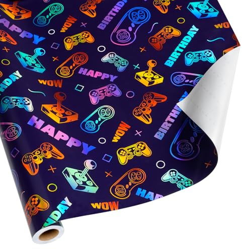 BIOBROWN Geschenkpapier Kinder, bunte Videospiele, 43 cm x 10 m | Farbenfrohes Gaming-Motiv; für Kindergeburtstag, Spieleparty und Geschenke für junge Spielefans