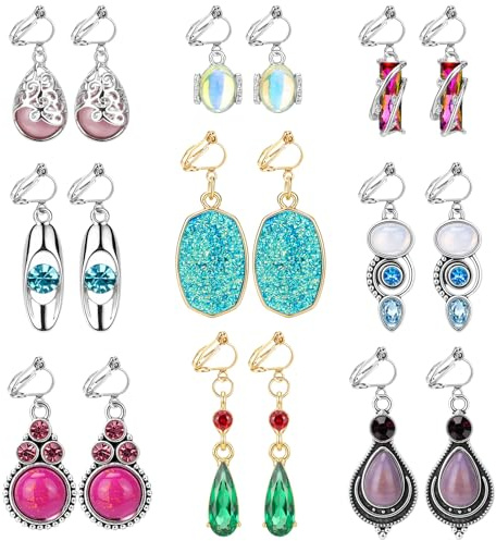 9 Paar Clip Ohrringe Damen Hypoallergene Lange Ohrclips Baumeln Zirkon Klipp Ohrringe Bunte Ohrclips Ohne Ohrlöcher Schmuck für Damen Mädchen