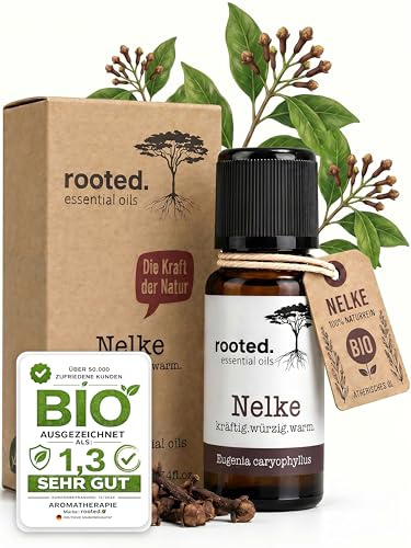 rooted.® Bio Nelkenblätter Öl 10ml [100% NATURREIN] - Echte Gewürznelke - Eugenia Caryophyllus - Ätherisches Öl für Aromatherapie, Duftlampe, Diffusoren, Raumduft, Duftkerzen und -Seifen