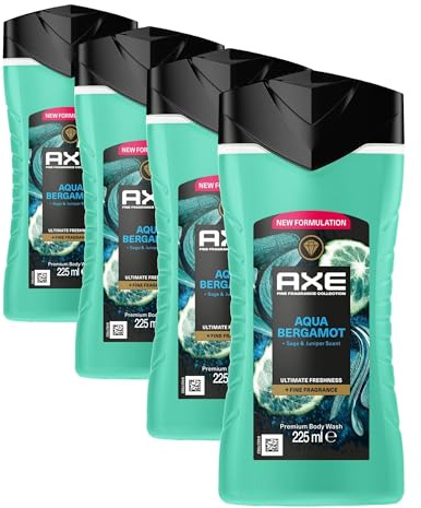 Axe Fine Fragrance Collection DUSCHGEL/FLUESSIGSEIFE Aqua Bergamot Premium Body Wash für 12 Stunden langanhaltende Frische verleiht einen spektakulären Duft unter der Dusche 225 ml (Packung mit 4)