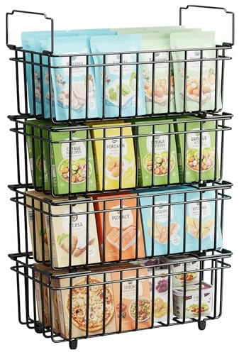 COBOGO Chest Freezer Baskets Organiser, Stackable Kitchen Storage Boxes for 198L Deep Freezers, Easy to Sort and Get Food with Fold Down Handles, Pantry Wire Shelf Bin Frozen Goods Sort, Black (4 Pcs)