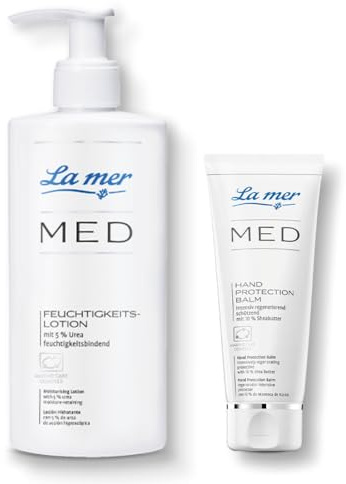 La mer MED Sparset Feuchtigkeitslotion 200 ml + Hand Protection Balm 75 ml – Intensive Pflege für empfindliche & trockene Haut mit Meeresschlick, Urea & Sheabutter, parfumfrei