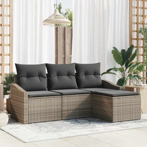 Bucmath Garten Sofa Set mit Kissen, 4-teiliges Loungeset aus grauem Poly Rattan, höhenverstellbarer Tisch, UV-beständig, wetterfest für Terrasse, Balkon, Außenbereich