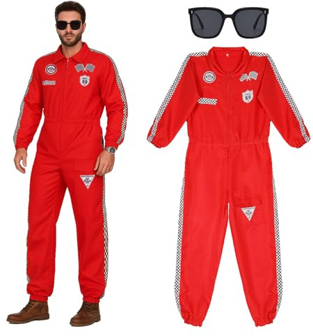shyhand Rennfahrer Kostüm Herren Damen Overall Jumpsuit mit Sonnenbrille für Karneval Halloween Fasching Mottoparty Erwachsene Set