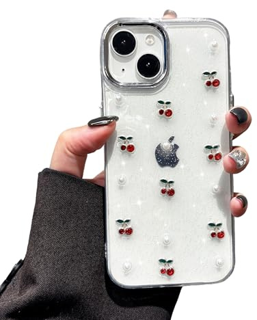 EYZUTAK Case for iPhone 13/iPhone14,Bling Glitter 3D Pearl Red Cherry Case | Sparkly Crystal Clear, Cute Aesthetic Cherries Design, Slim Soft Durable TPU Transparent Protective Cover, for Women Girls