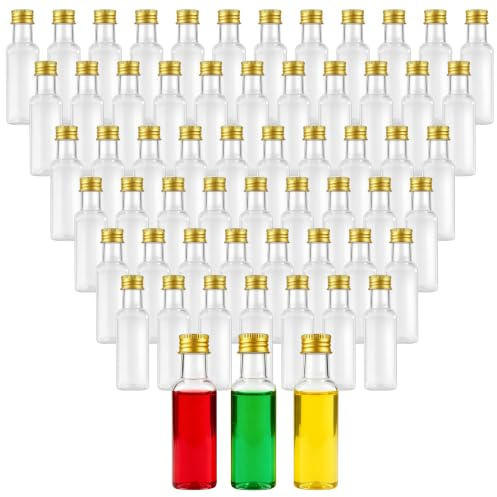 UNGFEI 60 Pack 50ml Mini Plastic Shot Bottles with Gold Screw Caps, Square Small Empty Shot Bottles Transparent Alcohol Bottle for Juice, Liquor, Sauces, Wedding Favours