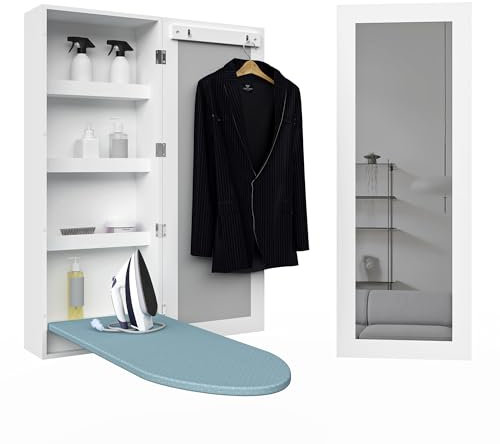 Facilehome Bügeltisch Schrank, Wandmontage, Aufbewahrungsschrank, faltbar, mit Spiegel, Weiß