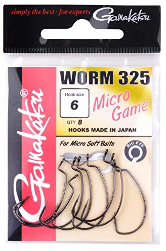 Gamakatsu Worm 325 Micro Game - 8 Offset Angelhaken für Softbaits, Offsethaken für Gummiköder, Haken für kleine Jigs & Gummifische, Größe:6