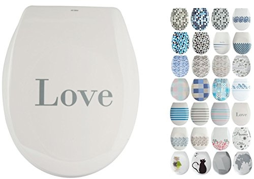 MSV Design WC Sitz, Absenkautomatik, Fast Fix/Schnellbefestigung, Befestigung mit Knopfdruck, Toilettensitz WC Deckel Klobrille Love Weiß