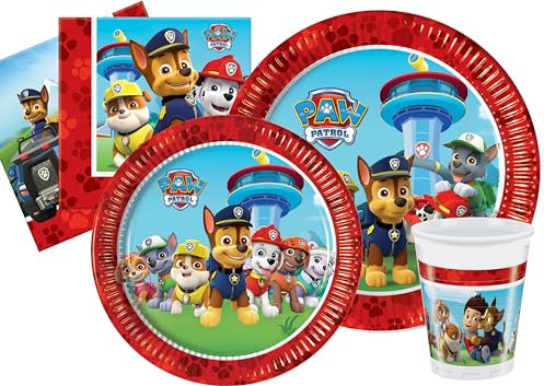 Kit Party Tavola Paw Patrol Let's Roll per 8 persone (44 pezzi: 8 piatti carta Ø23cm, 8 piatti carta Ø20cm, 8 bicchieri plastica 200ml, 20 tovaglioli carta 33x33cm)