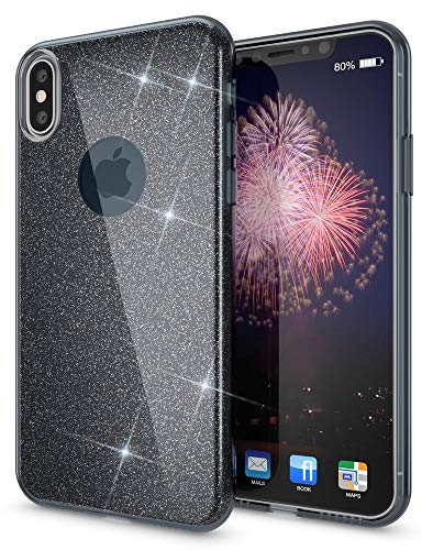 NALIA Glitter Case compatible with iPhone XS Max, Ultra-Thin Mobile Sparkle Silicone Back-Cover, Protective Slim-Fit Shiny Protector Skin Shockproof Crystal Gel Bling Smart-Phone Bumper, Color:Black