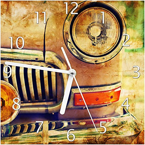 Wallario Design-Wanduhr Antiker Oldtimer in Sepiafarben - Frontansicht aus Glas, Motiv-Uhr Größe 20 x 20 cm, weiße Zeiger