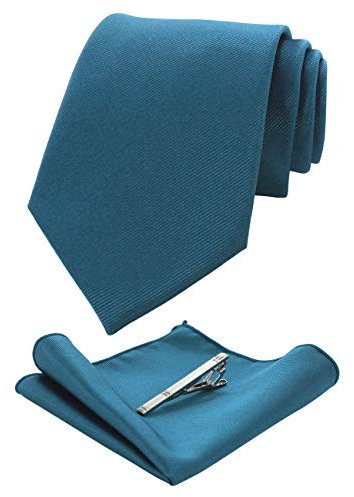 JEMYGINS Herren Hochzeit Krawatten und Einstecktuch krawattenklammer Set einfarbig in verschiedenen Farben, Peacock Blau, M