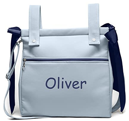 Bolsa panera de polipiel personalizada con nombre bordado - Bolso carro - Talega carrito de bebé - Celeste - Nenel