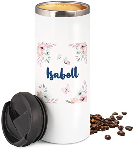 GRAZDesign Kaffeebecher to go mit Namen Thermobecher auslaufsicher & warmhaltend, Coffee Becher, hält 4h heiss, personalisiertes Geschenk, Edelstahl 350ml Rosa Blumen