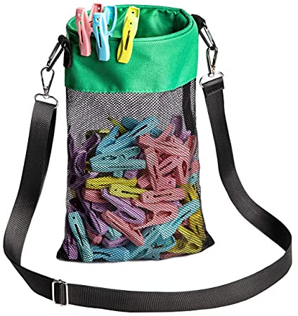 AFUOWER Mesh Clothespin Bag with Hooks Hanging Clothes Pin Bag with Drawstring Closure Clothespin Holder, Ventilation and Moisture Resistance, Storage Organizer, Machine Washable (Green)