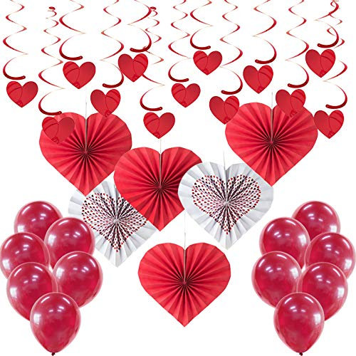 Aviski 33 Stück Big Valentinstag Dekorationsset - Liebe Herzform Hängende Spiral Girlanden, Liebe Herzform Faltfächer, Rote Luftballons für Hochzeit Valentinstag Party Dekoration Verwendet