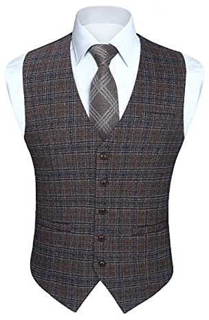HISDERN Herren Karierte Weste formale klassische Weste Baumwolle Hochzeit Hahnentritt Anzug Westen Braun XL
