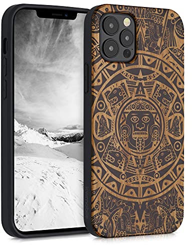 kwmobile Hülle kompatibel mit Apple iPhone 12 / iPhone 12 Pro Hülle - Holz Case - Handy Cover - TPU Handyhülle in Hellbraun Schwarz Maya Kalender Art