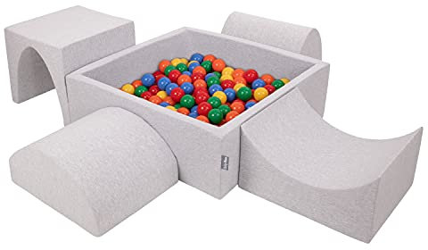 KiddyMoon Aire De Jeux en Mousse avec Carré Piscine À Balles (200 Balles) pour Enfants, Gris Clair: Jaune/Vert/Bleu/Rouge/Orange