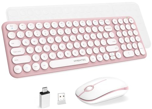 Wireless Keyboard and Mouse, XTREMTEC Compact Size Cute Keyboard Retro Round Keycap - 2.4GHz Ultra-Slim Quiet Aesthetic for Laptop iMac Windows US Layout(Sakura Pink)