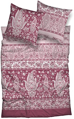 wohnTRAUM 24 Biber Bettwäsche Talia 100% Baumwolle kuschelweich Paisleys Ornamente Bordüren Bettwäsche-Set nachhaltig (Beere, 135 cm x 200 cm)