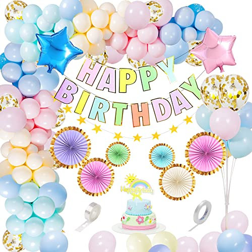 Pastell Geburtstagsdeko Mädchen, Geburtstag Deko Luftballons Mädchen, Geburtstag Dekoration Macaron Rose Blau Lila Luftballons mit Papierfächer für 1. 2. 3 .5 Mädchen Geburtstags Dekorationen